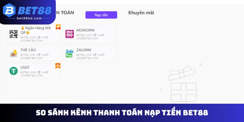 So sánh kênh thanh toán nạp tiền Bet88